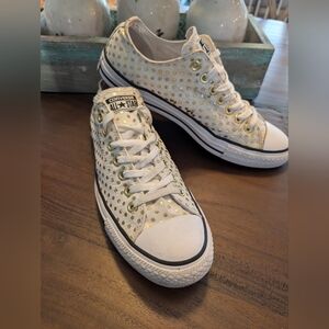 Converse All Star White Gold Polka Dot Tennis Shoes, Unisex Men 9 Women 11